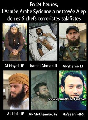 En l'espace de 24 heures, l’Armée Arabe Syrienne a nettoyée Alep de ces 6 chefs terroristes salafistes