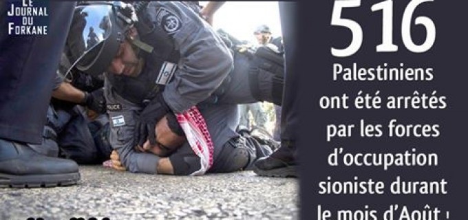 70 enfants et 10 femmes parmi près de 500 Palestiniens détenus par les forces d’occupation sioniste pendant le mois d’août.