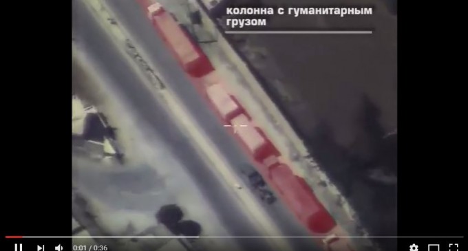[Vidéo] | Vidéo d’un avion sans pilote qui montre les convois humanitaires en campagne d’Alep accompagnés de terroristes équipés d’armes lourdes