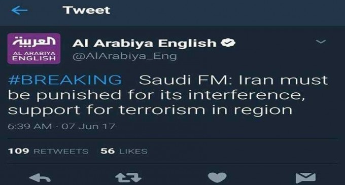 INCROYABLE MAIS VRAI : Voici le Tweet publié par le ministre des Affaires étrangères saoudien Adel al-Jubeir ce matin avant le début des attentats terroristes à Téhéran