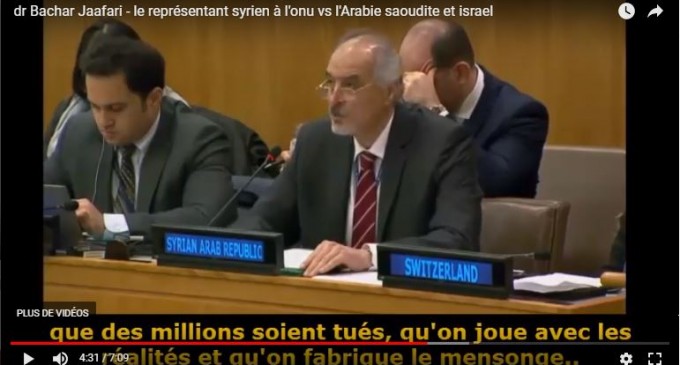 Regardez et écoutez la réponse cinglante du Dr Bachar Jaafari (représentant syrien à l&rsquo;ONU) à l&rsquo;encontre de l&rsquo;Arabie saoudite et d’Israël