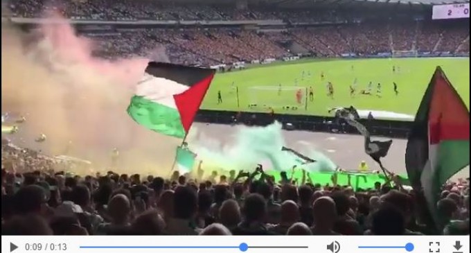Les fans du Celtic Glascow ont leur façon de montrer leur solidarité et leur soutien à la 70 ème minute de match marquant la 70ème Nakba et condamnant le génocide d’Israël à Gaza
