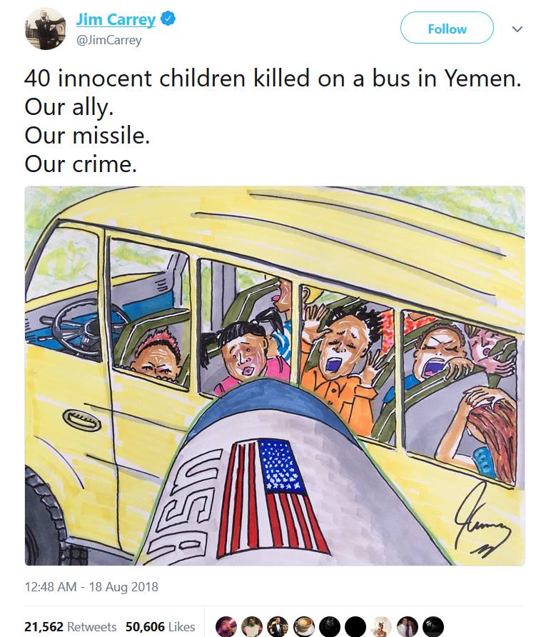 Jim Carrey, le célèbre comédien américain, a exprimé ses condoléances et son embarras sur le rôle de son pays dans le massacre de 40 enfants yéménites innocents.