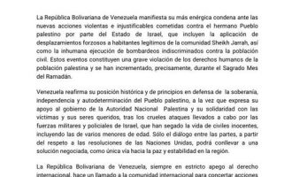 Le Venezuela condamne les nouvelles actions violentes menées contre le peuple palestinien par Israël