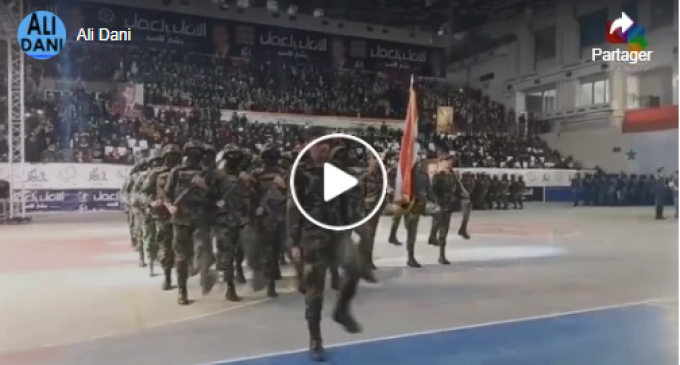Défilé de la Garde républicaine syrienne à la salle de sport Al Assad à Alep, où les célébrations du 5e anniversaire de la Libération de la grande ville syrienne face à Daech/Al-Nosra ont commencé aujourd’hui