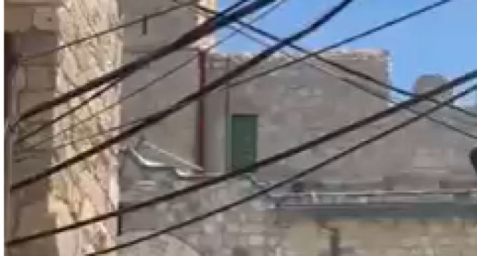 Images des occupants israéliens taillant l’escalier blanc historique de la mosquée al-Ibrihimi (tombeau des Patriarches) pour le remplacer par un ascenseur à al-Khalil (Hébron).